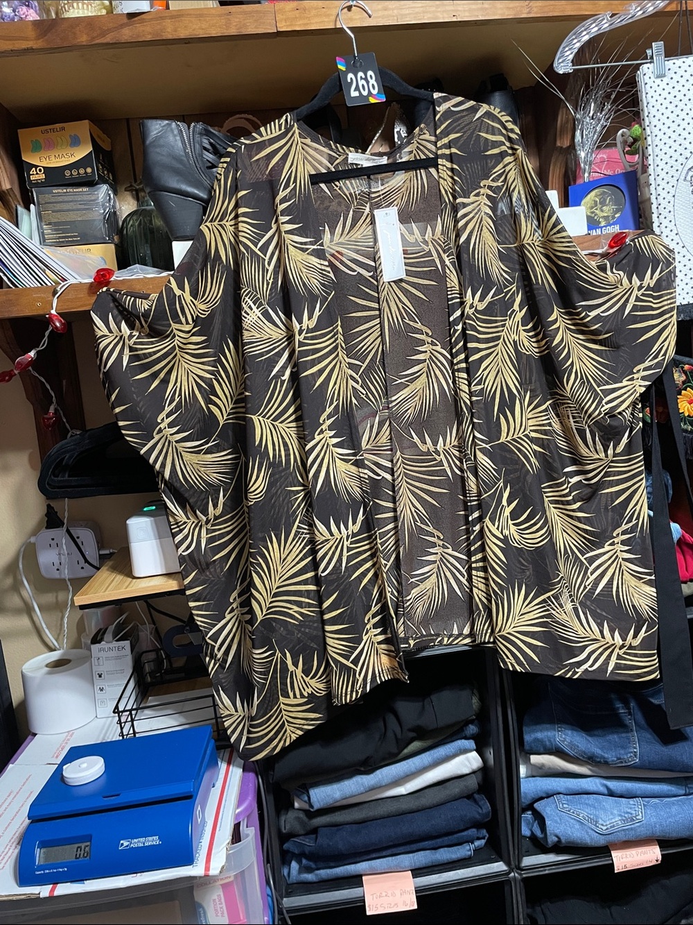 #268 3x Joie De Vivre NWT Black & Gold Palm Print Kimono Cardigan